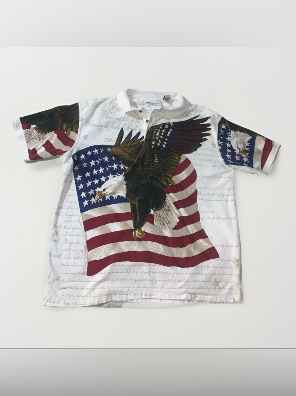American Summer Mens Polo Shirt Size L ivory All Over Print Flag Eagle Graphic